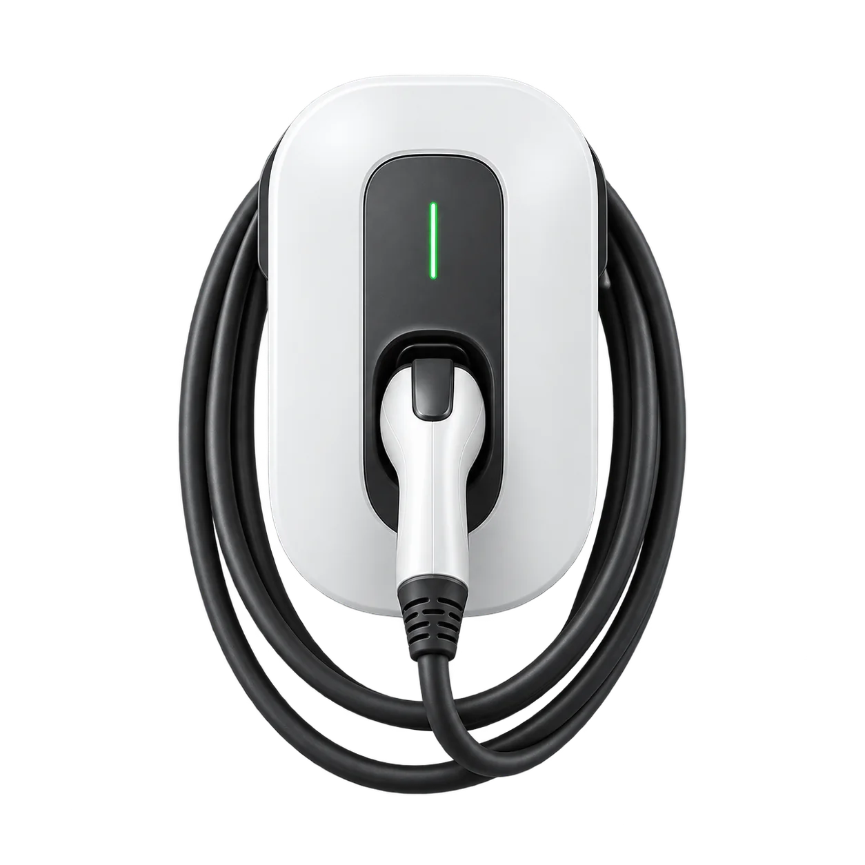 Wall-mounted EV charger with its cable coiled around it