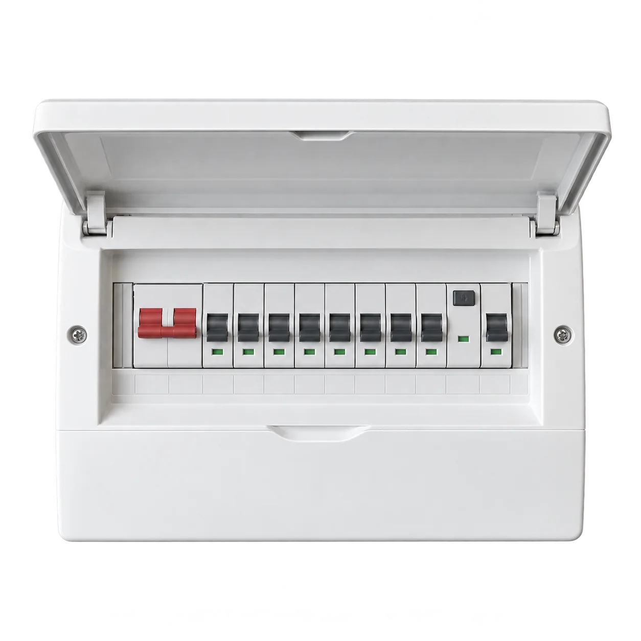 Residential switchboard with the cover open, showing a row of circuit breakers