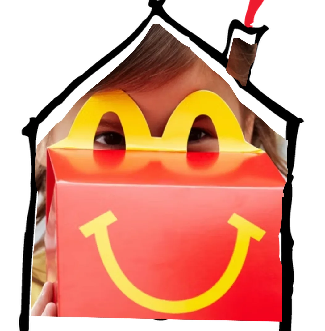 A child holding a Happy Meal box, framed by a drawn house outline