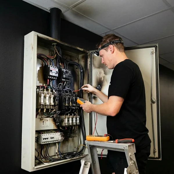A Hycool electrician testing a switchboard from a ladder