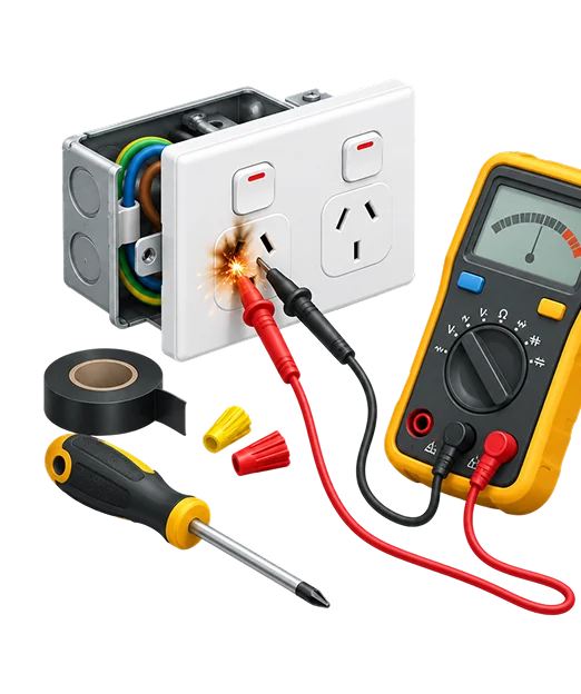 A power point arcing beside a multimeter and hand tools