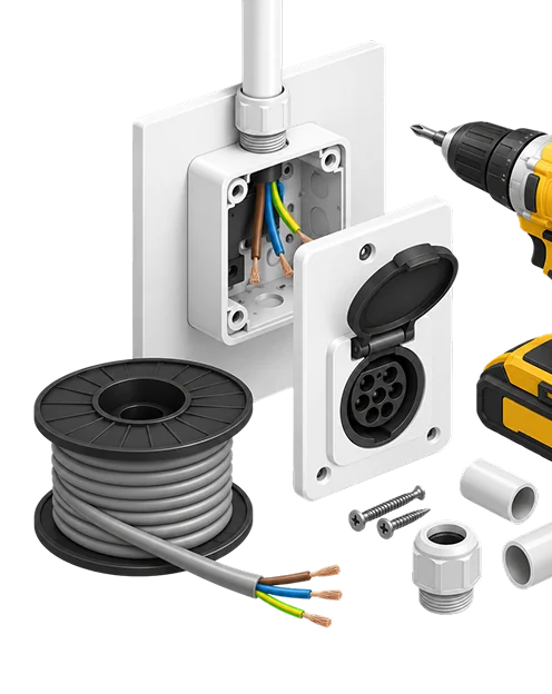 Wiring rough-in box, cable reel, socket and a cordless drill