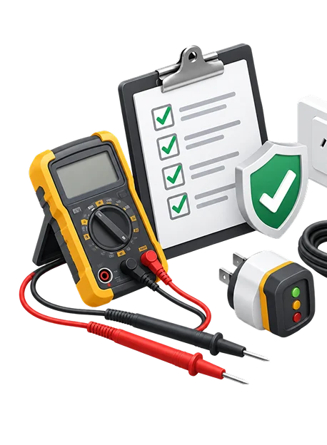 Multimeter, socket tester and a completed inspection checklist